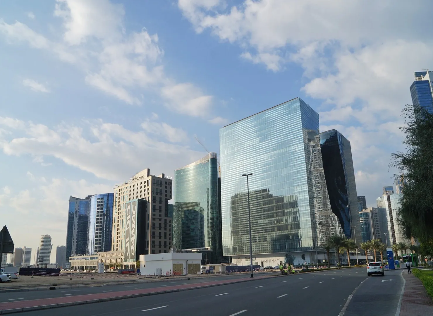 Street level OMNIYAT and DAMAC towers in Business Bay
