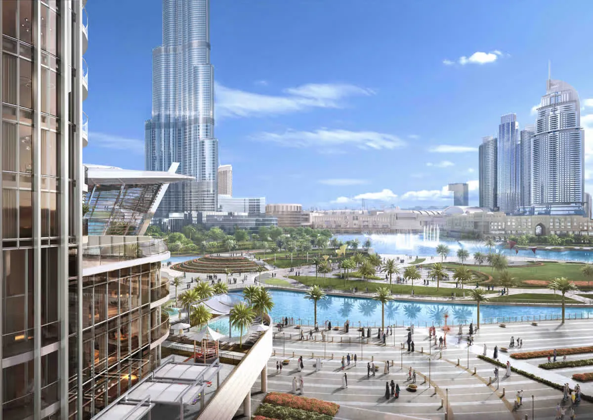Burj Park and Burj Lake with Burj Khalifa and Dubai Fountain