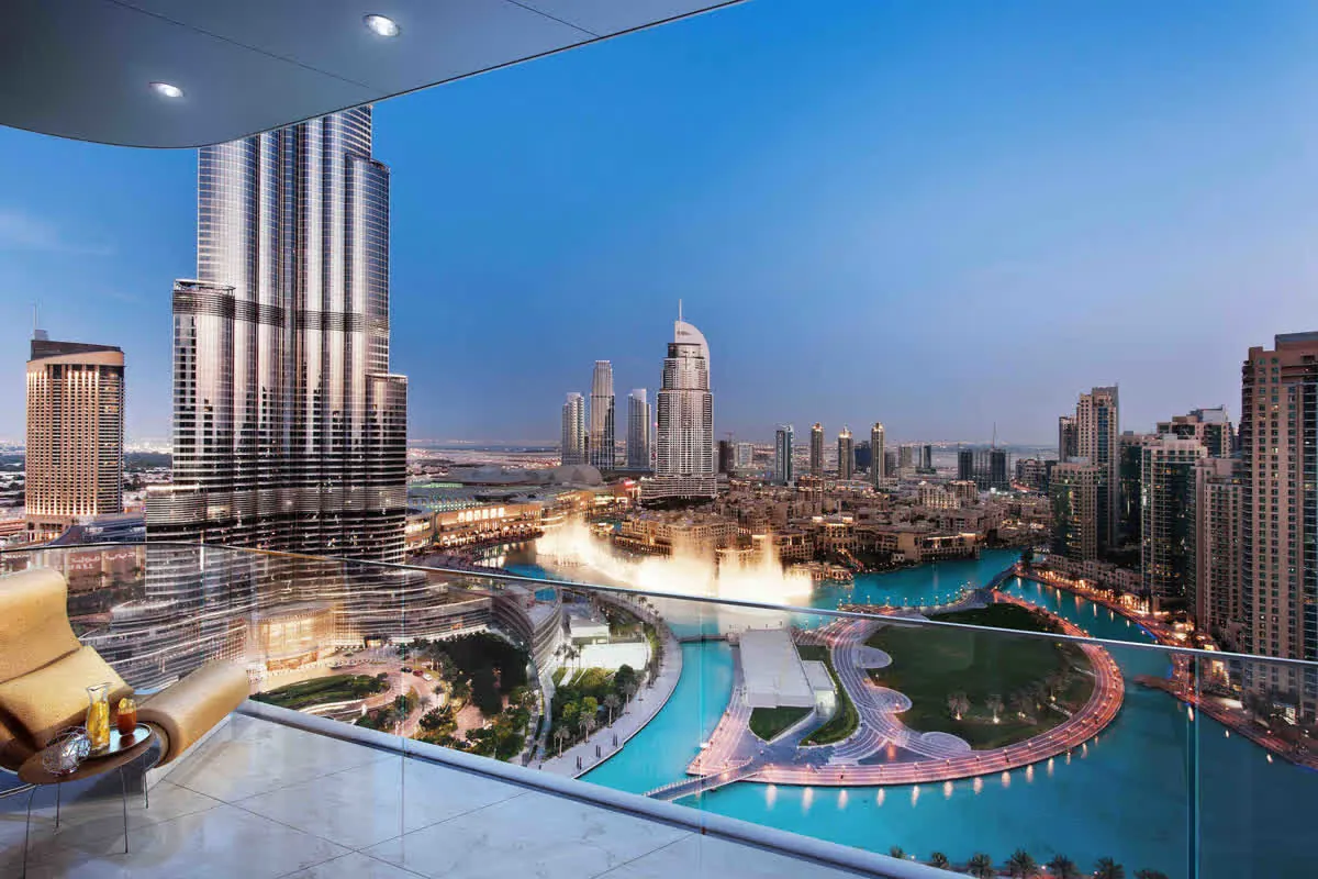 Trophy view balcony with Burj and fountain