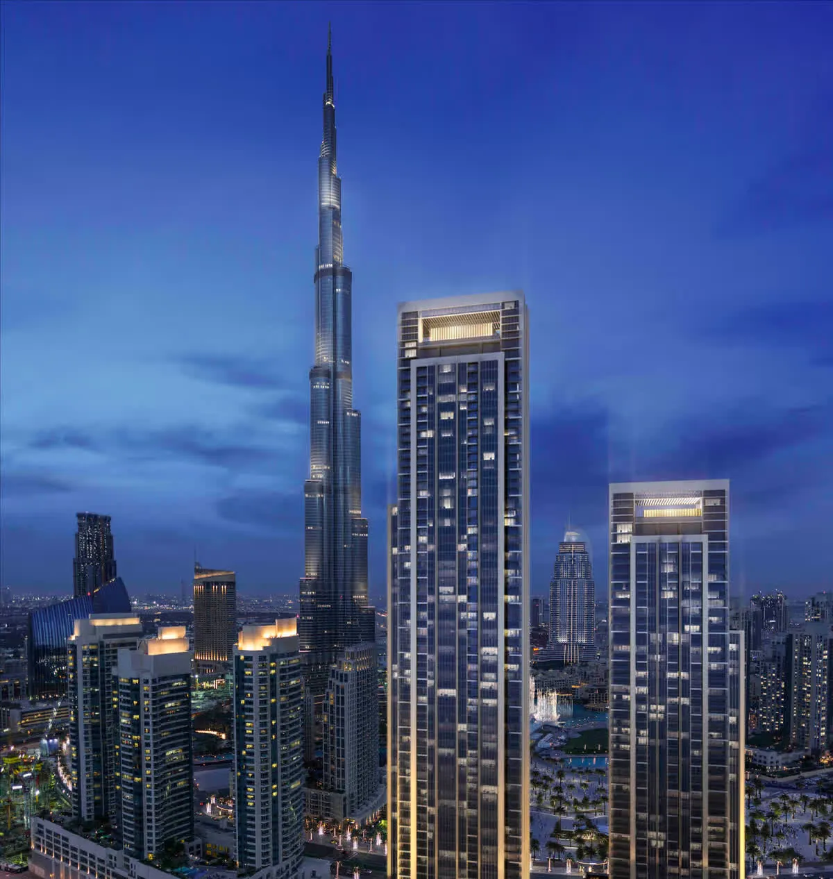 Downtown Dubai twin towers with Burj Khalifa at twilight