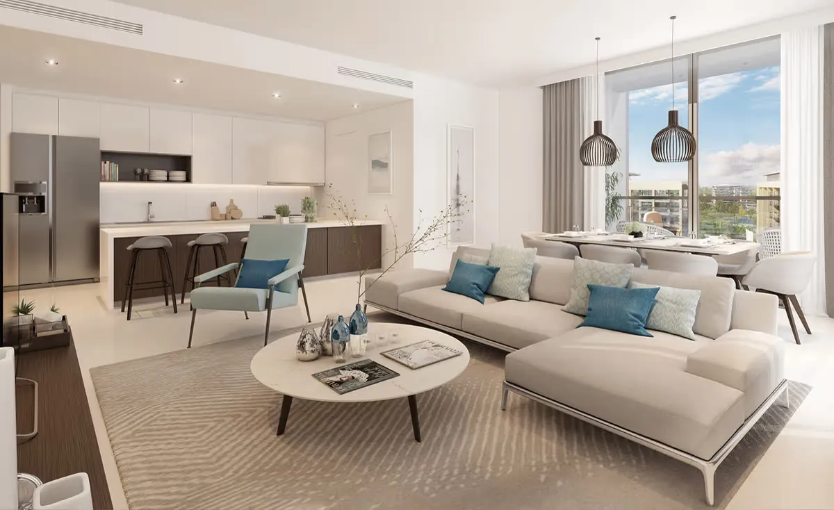 Modern apartment interior in Dubai Hills Estate Park Heights with open-plan kitchen