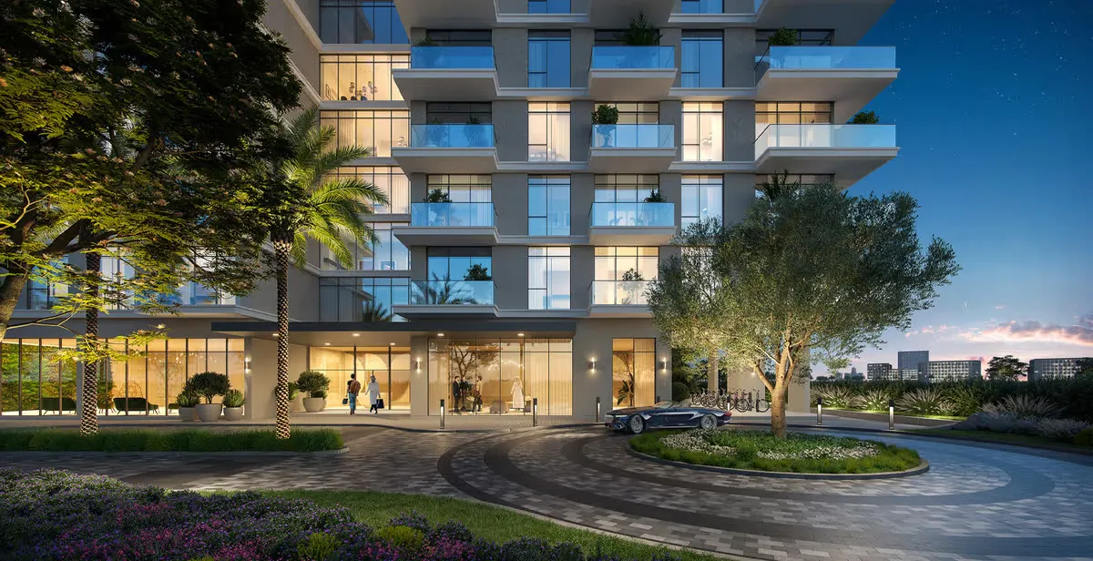 Premium apartment building entrance at twilight