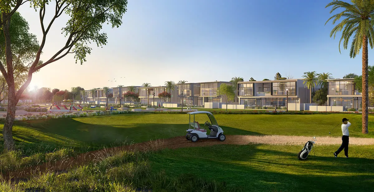 Dubai Hills 18-hole championship golf course with luxury villas in background