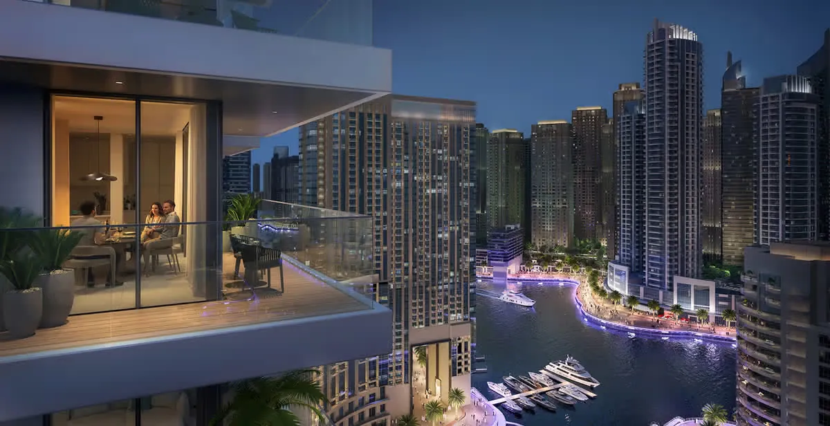 Family enjoying Dubai Marina view from balcony