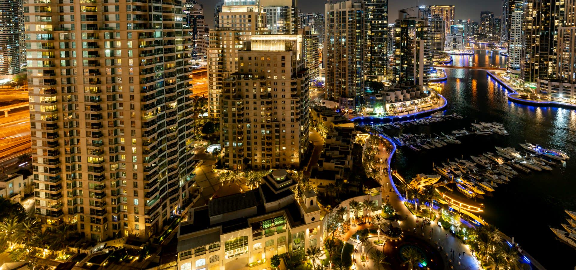 Dubai Marina waterfront towers at night