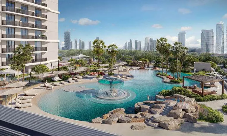 JVC building rooftop pool amenity with city views