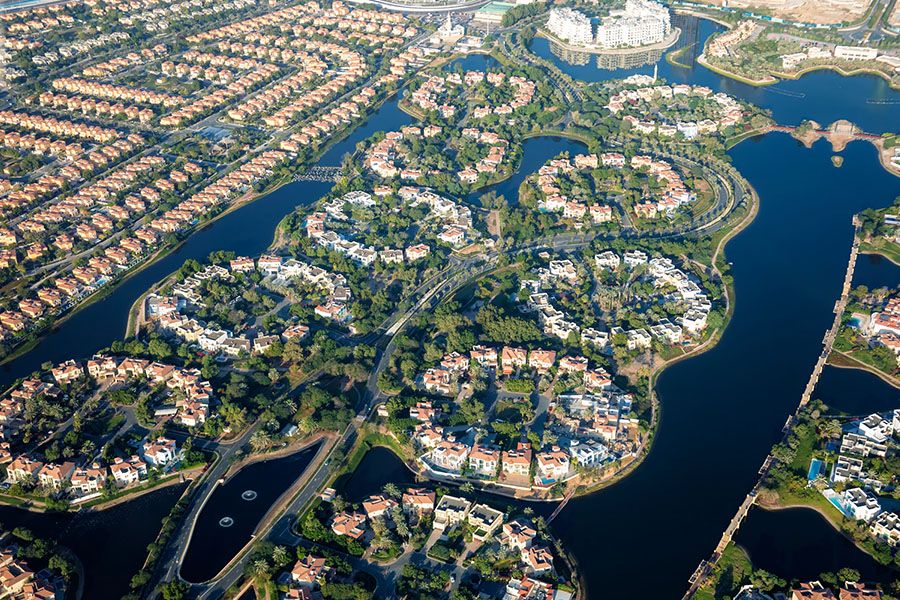 JVC villa cluster aerial view with private gardens